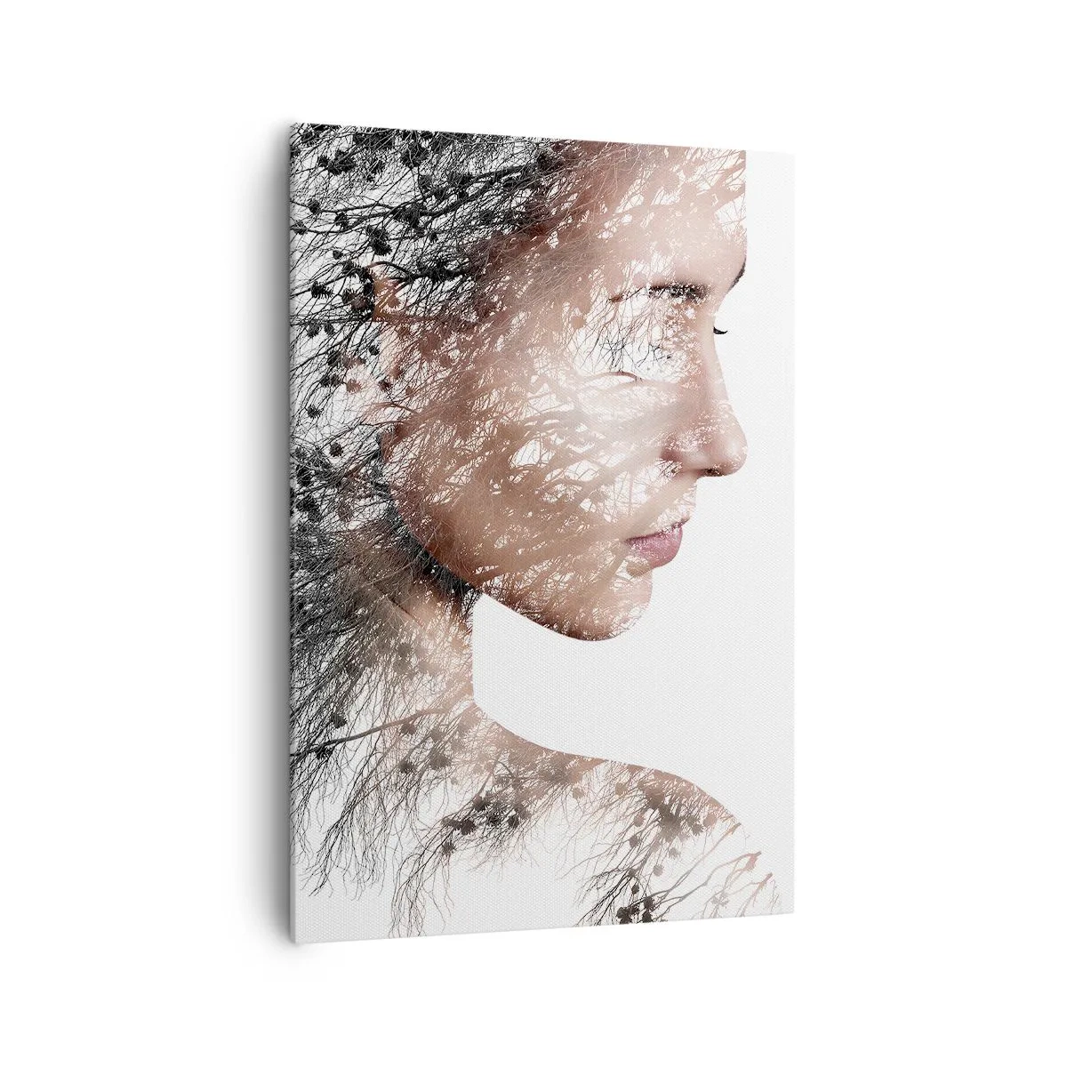 Bild auf Leinwand - Leinwandbild - Silhouette einer Frau mit einem Zweig und Vogelmotiv im Hintergrund - 70x100cm - Der Geist des Waldes - Moderne Wanddekoration für Wohnzimmer und Schlafzimmer ARTTOR