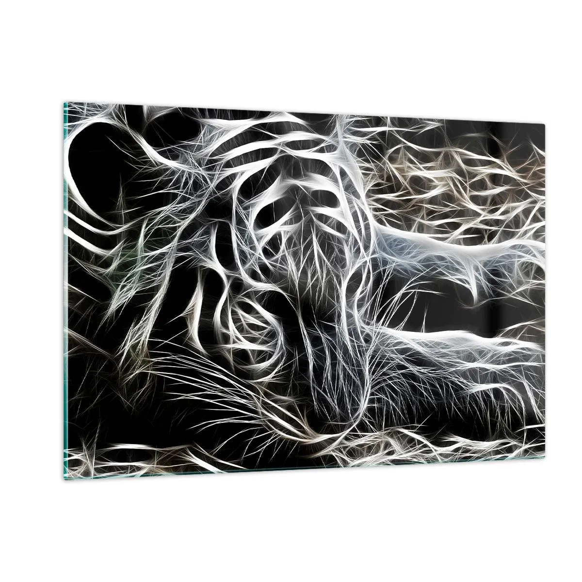 Glasbild - Bild auf glas - Abstrakter Tiger in leuchtenden Linien auf schwarzem Hintergrund - 120x80cm - Eine Studie über die Leichtigkeit der Katze - Moderne Wanddekoration für Wohnzimmer und Schlafzimmer ARTTOR