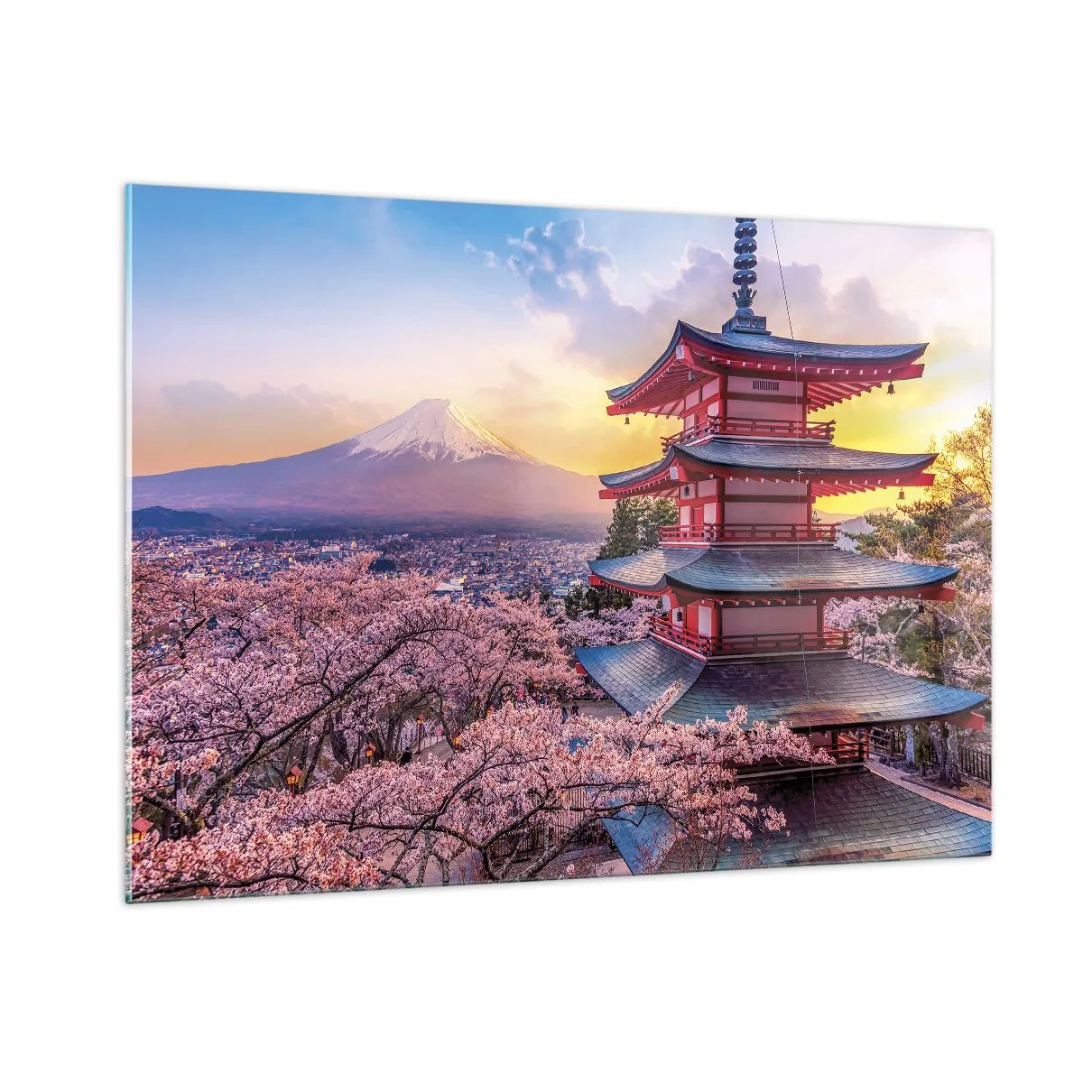 Glasbild - Bild auf glas - Eine Pagode in einer japanischen Landschaft mit Blick auf den Berg Fuji und blühende Bäume - 100x70cm - Die Essenz des japanischen Geistes - Moderne Wanddekoration für Wohnzimmer und Schlafzimmer ARTTOR