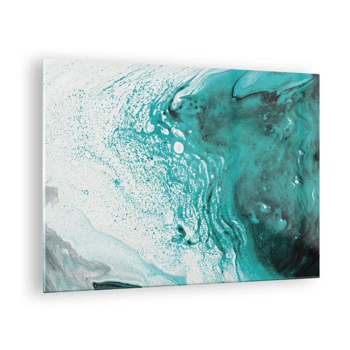 Glasbild - Bild auf glas - Ein abstraktes Gemälde in Weiß- und Türkistönen - 70x50cm - Verschmelzen in Weiß und Türkis - Moderne Wanddekoration für Wohnzimmer und Schlafzimmer ARTTOR