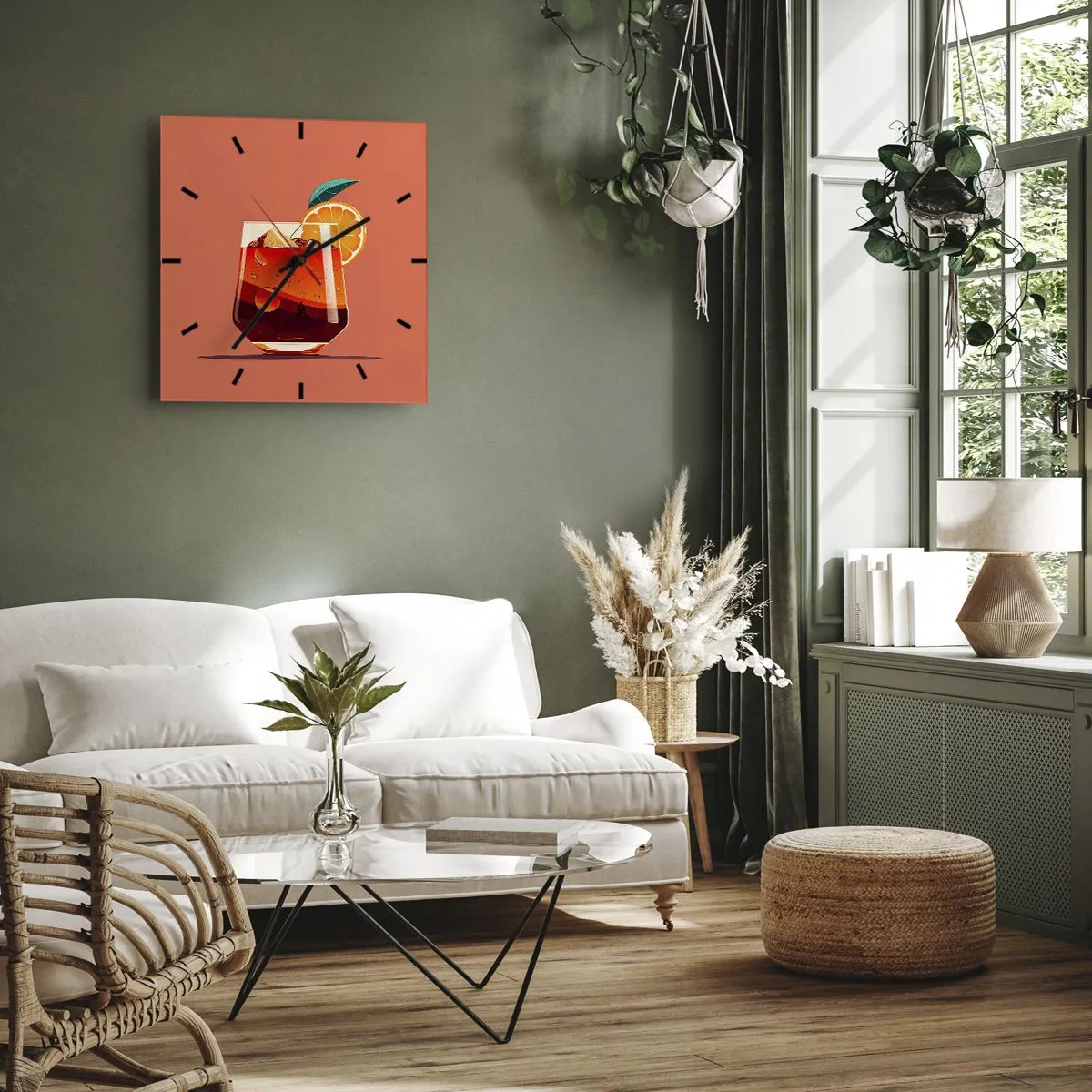 Wanduhr - Glasuhr - Ein Glas Getränk und eine Orangenscheibe auf orangefarbenem Hintergrund - 30x30cm - Sommerliche Erfrischung - Moderne Wanddekoration für Wohnzimmer und Schlafzimmer ARTTOR