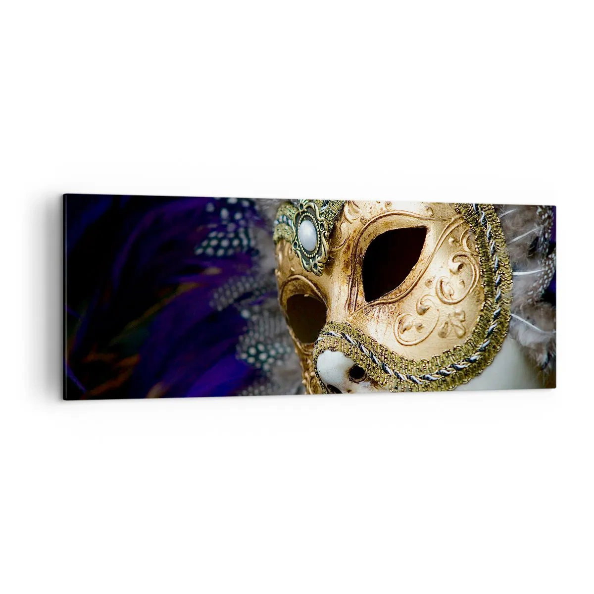 Bild auf Leinwand - Leinwandbild - Goldene venezianische Maske mit dekorativen Federn und Ornamenten - 140x50cm - Venezianisches Porträt in Gold - Moderne Wanddekoration für Wohnzimmer und Schlafzimmer ARTTOR