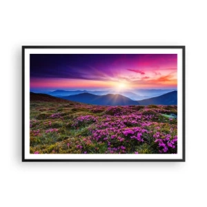 Poster in einem schwarzem Rahmen - Bergwiese mit Blumen bei Sonnenuntergang - 100x70cm - Kräuter dufteten nach frischen Trauben von den Feldern - Moderne Wanddekoration für Wohnzimmer und Schlafzimmer ARTTOR