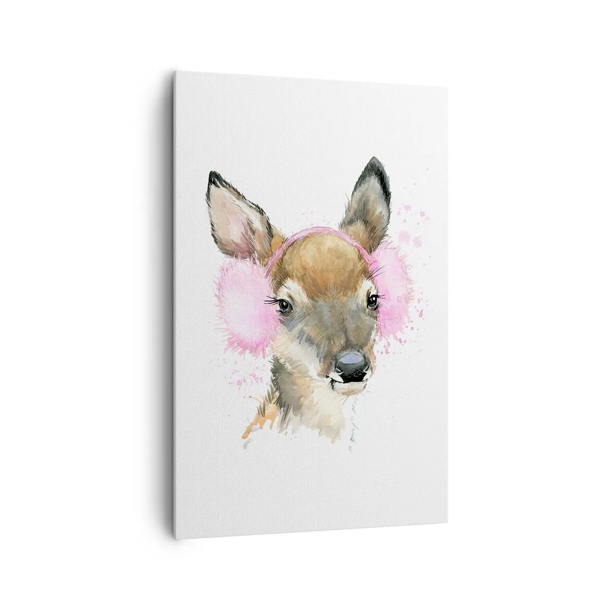 Bild auf Leinwand - Leinwandbild - Aquarell Hirsch in rosa Ohrenschützern - 80x120cm - Und der Frost ist nicht mehr schrecklich - Moderne Wanddekoration für Wohnzimmer und Schlafzimmer ARTTOR