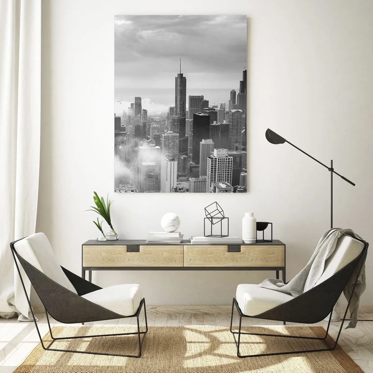 Glasbild - Bild auf glas - Stadtpanorama mit Wolkenkratzern in den Wolken in Schwarzweiß - 80x120cm - Amerikanische Landschaft - Moderne Wanddekoration für Wohnzimmer und Schlafzimmer ARTTOR