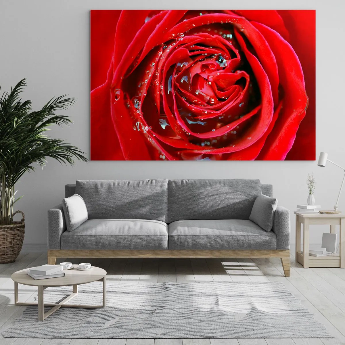 Glasbild - Bild auf glas - Nahaufnahme einer roten Rose mit Tautropfen - 120x80cm - In den Tautropfen - Moderne Wanddekoration für Wohnzimmer und Schlafzimmer ARTTOR