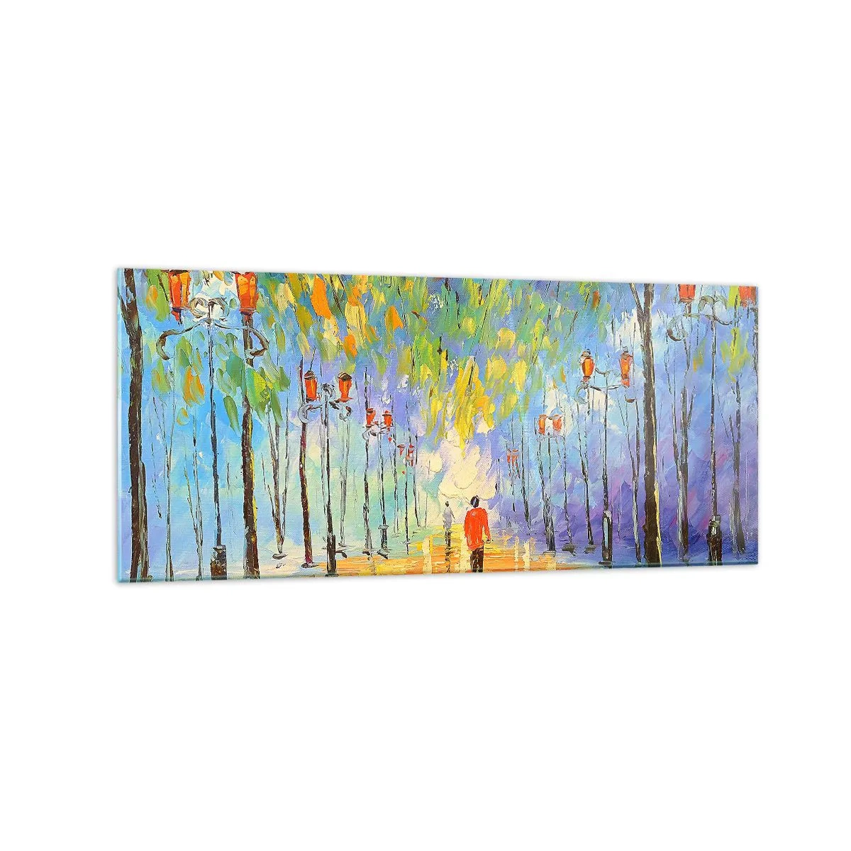 Glasbild - Bild auf glas - Ein malerischer Spaziergang zwischen den Laternen in einer regnerischen Nacht - 120x50cm - Nachtlied des Regens - Moderne Wanddekoration für Wohnzimmer und Schlafzimmer ARTTOR