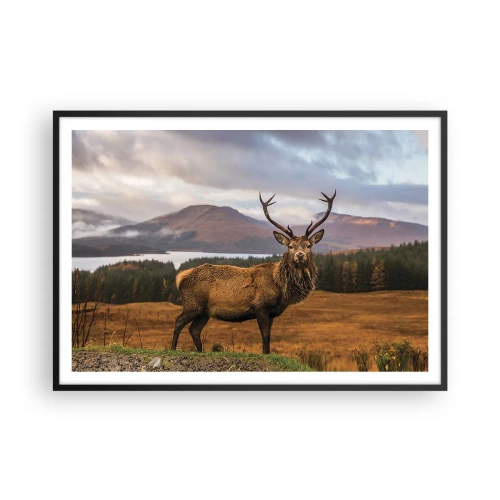 Poster in einem schwarzem Rahmen - Ein Hirsch vor der Kulisse einer Berglandschaft mit Seen und Wäldern - 100x70cm - Die Majestät der Natur - Moderne Wanddekoration für Wohnzimmer und Schlafzimmer ARTTOR