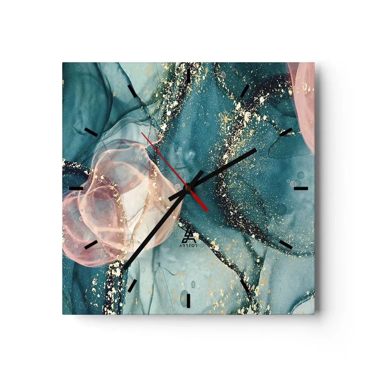 Wanduhr - Glasuhr - Seidenblau, Tüllrosa - 40x40 cm