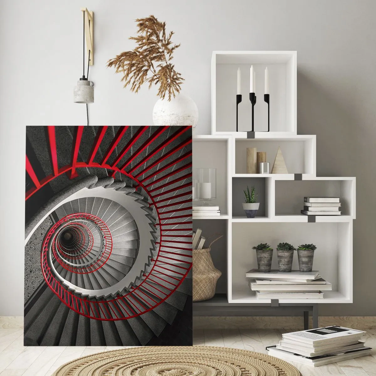 Glasbild - Bild auf glas - Wendeltreppe mit roten Handläufen in der Perspektive - 50x70cm - Architekturspaß - Moderne Wanddekoration für Wohnzimmer und Schlafzimmer ARTTOR