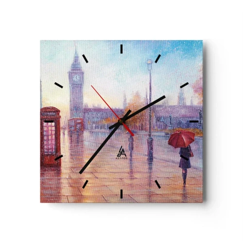 Wanduhr - Glasuhr - Londoner Straße mit Big Ben an einem regnerischen Tag - 30x30cm - Londoner Herbsttag - Moderne Wanddekoration für Wohnzimmer und Schlafzimmer ARTTOR
