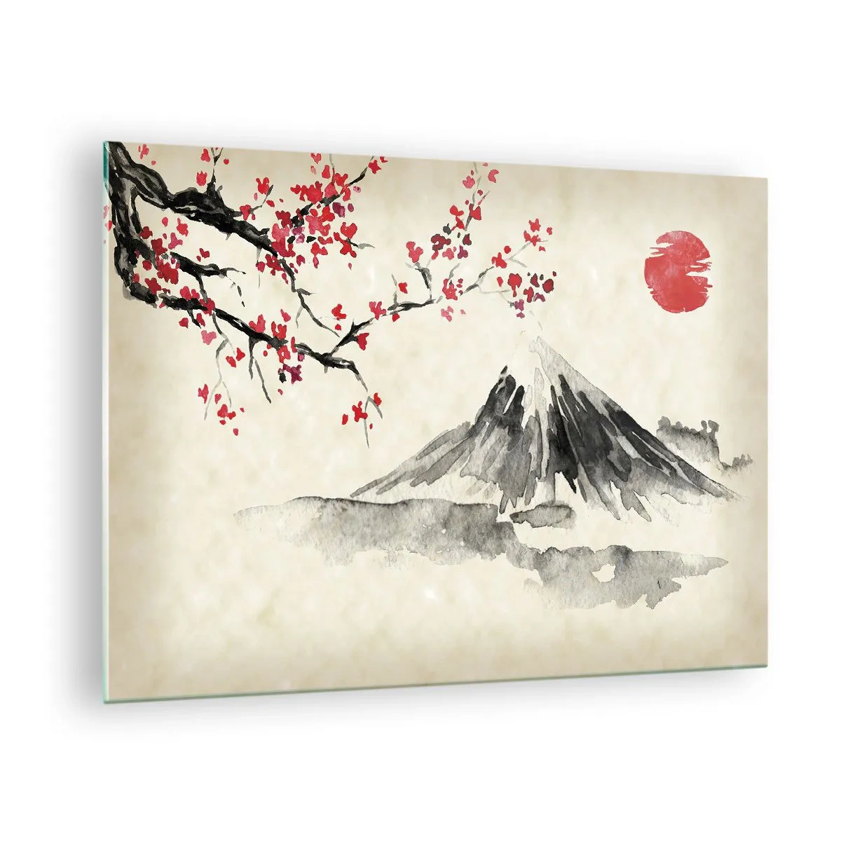 Glasbild - Bild auf glas - Japanisches Aquarell eines Berges und eines blühenden Zweiges - 70x50cm - Liebe Japan - Moderne Wanddekoration für Wohnzimmer und Schlafzimmer ARTTOR