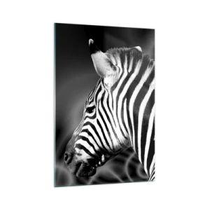 Glasbild - Bild auf glas - Schwarz-Weiß-Porträt eines Zebras vor einem Hintergrund abstrakter Muster. - 70x100cm - Weiß ist weiß und schwarz ist schwarz - Moderne Wanddekoration für Wohnzimmer und Schlafzimmer ARTTOR