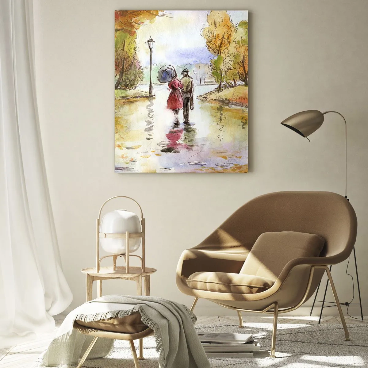 Glasbild - Bild auf glas - Ein Spaziergang im Herbstpark mit einem Regenschirm - 70x100cm - Romantischer Herbst im Park - Moderne Wanddekoration für Wohnzimmer und Schlafzimmer ARTTOR