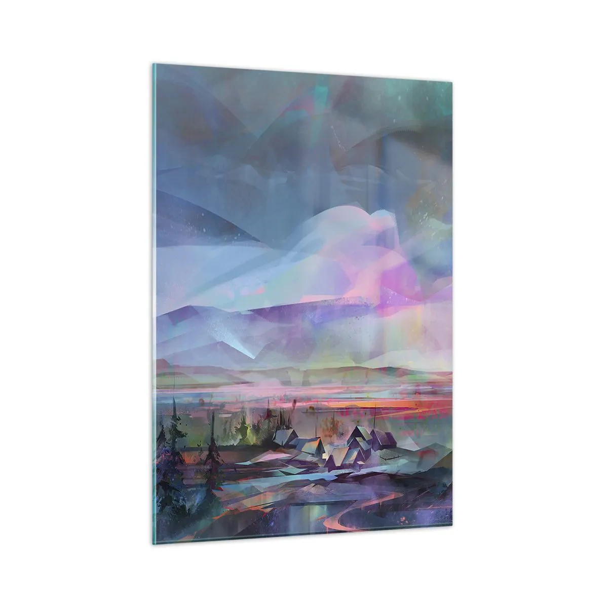 Glasbild - Bild auf glas - Eine farbenfrohe Landschaft mit Bergen und Hütten im surrealen Stil. - 50x70cm - Unter einem wohlwollenden Himmel - Moderne Wanddekoration für Wohnzimmer und Schlafzimmer ARTTOR