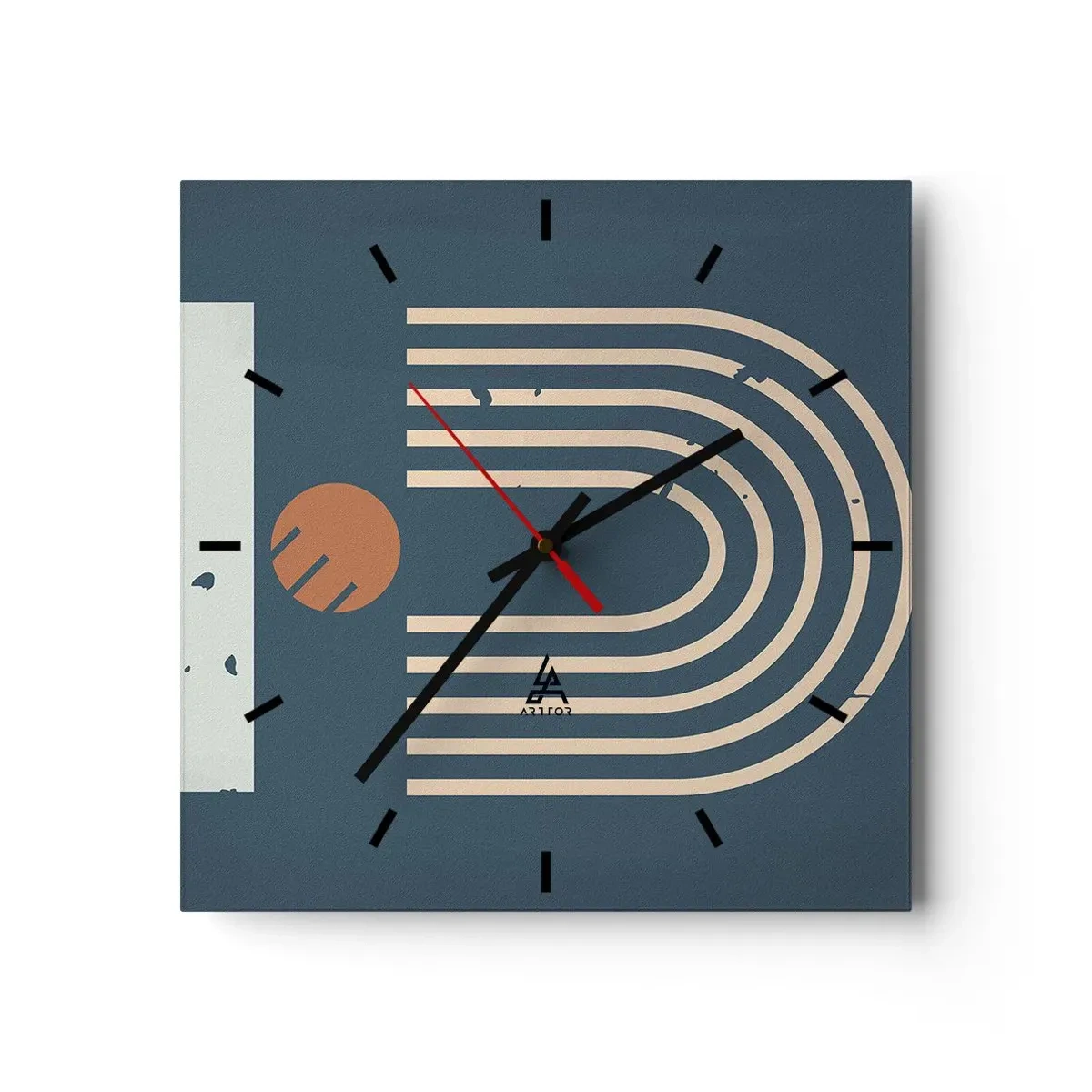 Wanduhr - Glasuhr - Geometrisches Muster in Marineblau-, Beige- und Orangetönen auf dunklem Hintergrund - 30x30cm - Geometrie auf dem Granatapfel - Moderne Wanddekoration für Wohnzimmer und Schlafzimmer ARTTOR