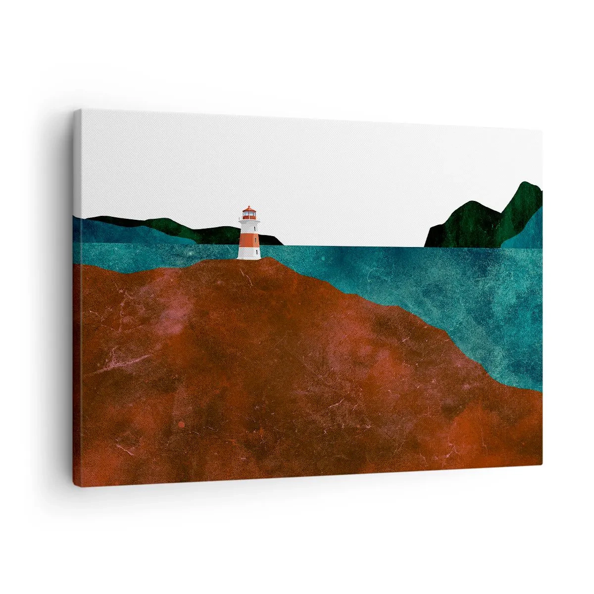 Bild auf Leinwand - Leinwandbild - Ein Leuchtturm vor der Kulisse von Bergen und Meer - 70x50cm - Aufs Meer starren - Moderne Wanddekoration für Wohnzimmer und Schlafzimmer ARTTOR