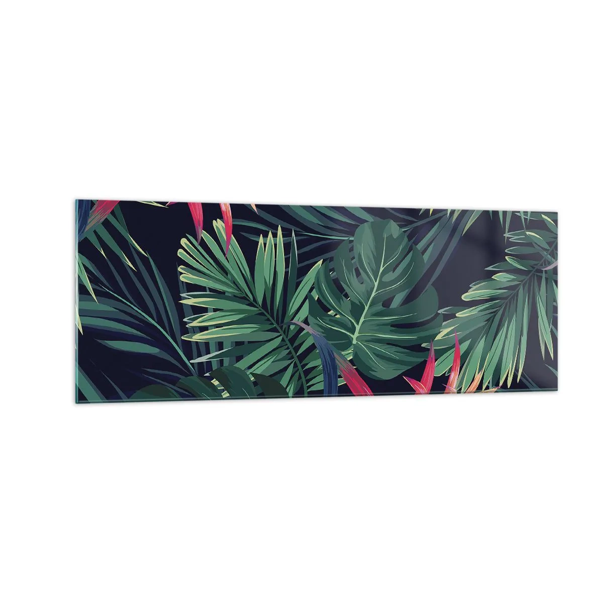 Glasbild - Bild auf glas - Tropische Blätter und Blüten auf dunklem Hintergrund - 140x50cm - Im Grünen in Flammen gehen - Moderne Wanddekoration für Wohnzimmer und Schlafzimmer ARTTOR