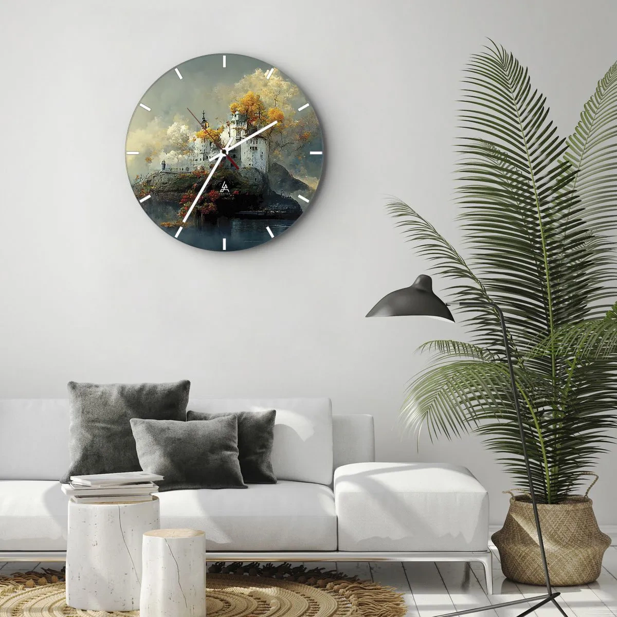 Wanduhr - Glasuhr - Ein Märchenschloss auf einem Hügel, umgeben von herbstlichen Bäumen - 30x30cm - Beginn einer romantischen Geschichte - Moderne Wanddekoration für Wohnzimmer, Küche und Schlafzimmer ARTTOR
