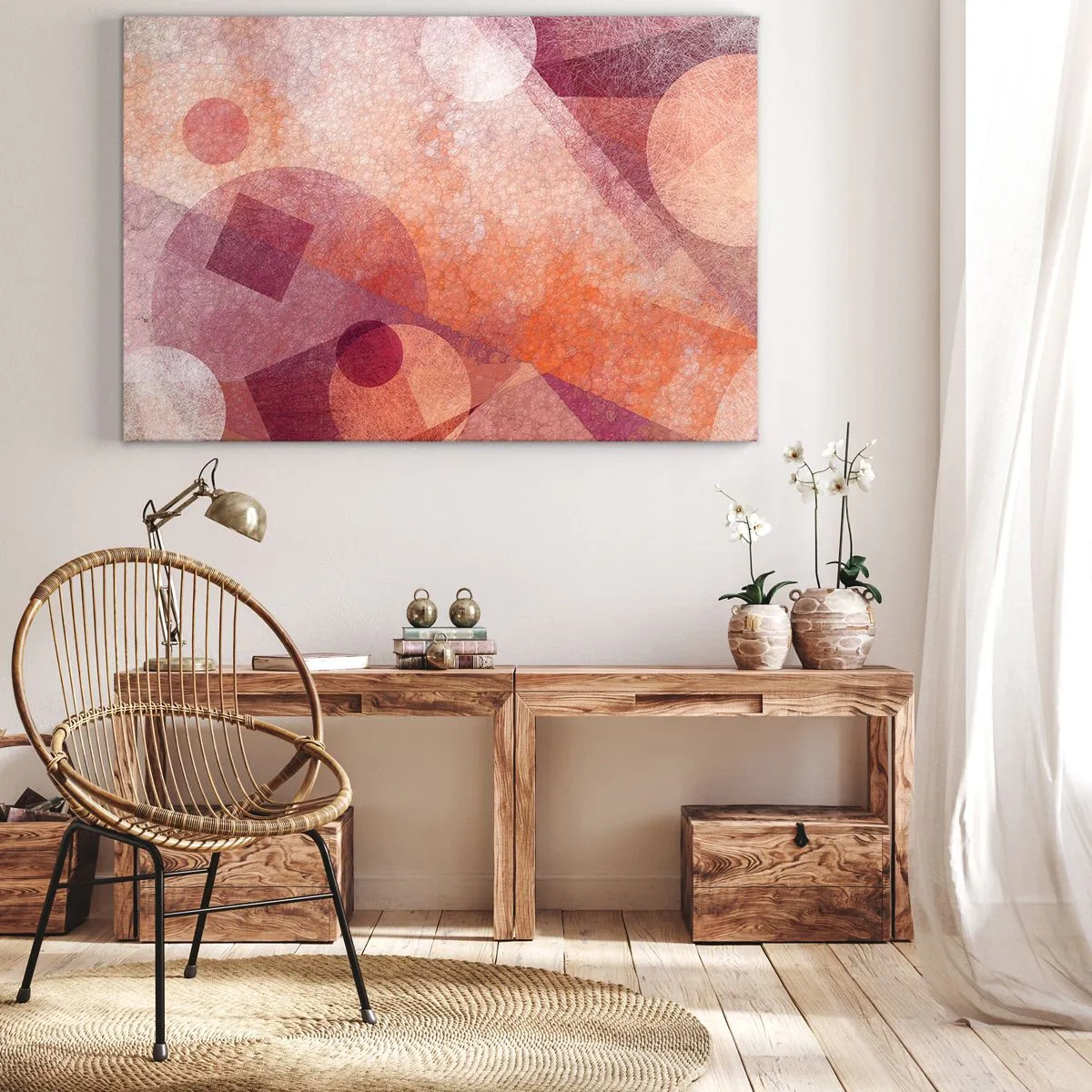 Bild auf Leinwand - Leinwandbild - Abstrakte geometrische Formen in Pastelltönen von Rosa - 70x50cm - Geometrische Transformationen in Pink - Moderne Wanddekoration für Wohnzimmer und Schlafzimmer ARTTOR
