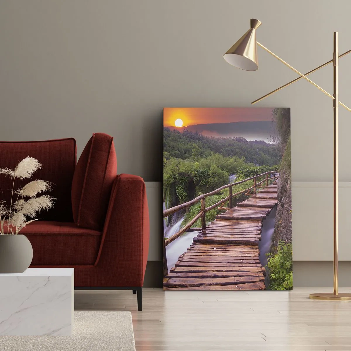 Bild auf Leinwand - Leinwandbild - Eine Brücke mit Blick auf die Wasserfälle bei Sonnenuntergang - 50x70cm - Schönheit jenseits des Glaubens - Moderne Wanddekoration für Wohnzimmer und Schlafzimmer ARTTOR