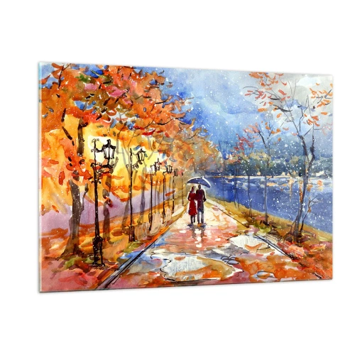 Glasbild - Bild auf glas - Ein Herbstspaziergang entlang der Allee mit bunten Blättern und Laternen - 120x80cm - Gemeinsam bis an die Grenze der Zeit - Moderne Wanddekoration für Wohnzimmer und Schlafzimmer ARTTOR