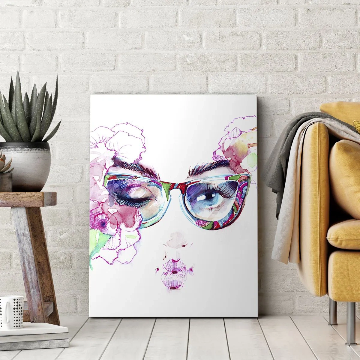 Bild auf Leinwand - Leinwandbild - Aquarellgesicht mit bunten Gläsern und Blumen - 70x100cm - Ein verlockendes Versprechen - Moderne Wanddekoration für Wohnzimmer und Schlafzimmer ARTTOR