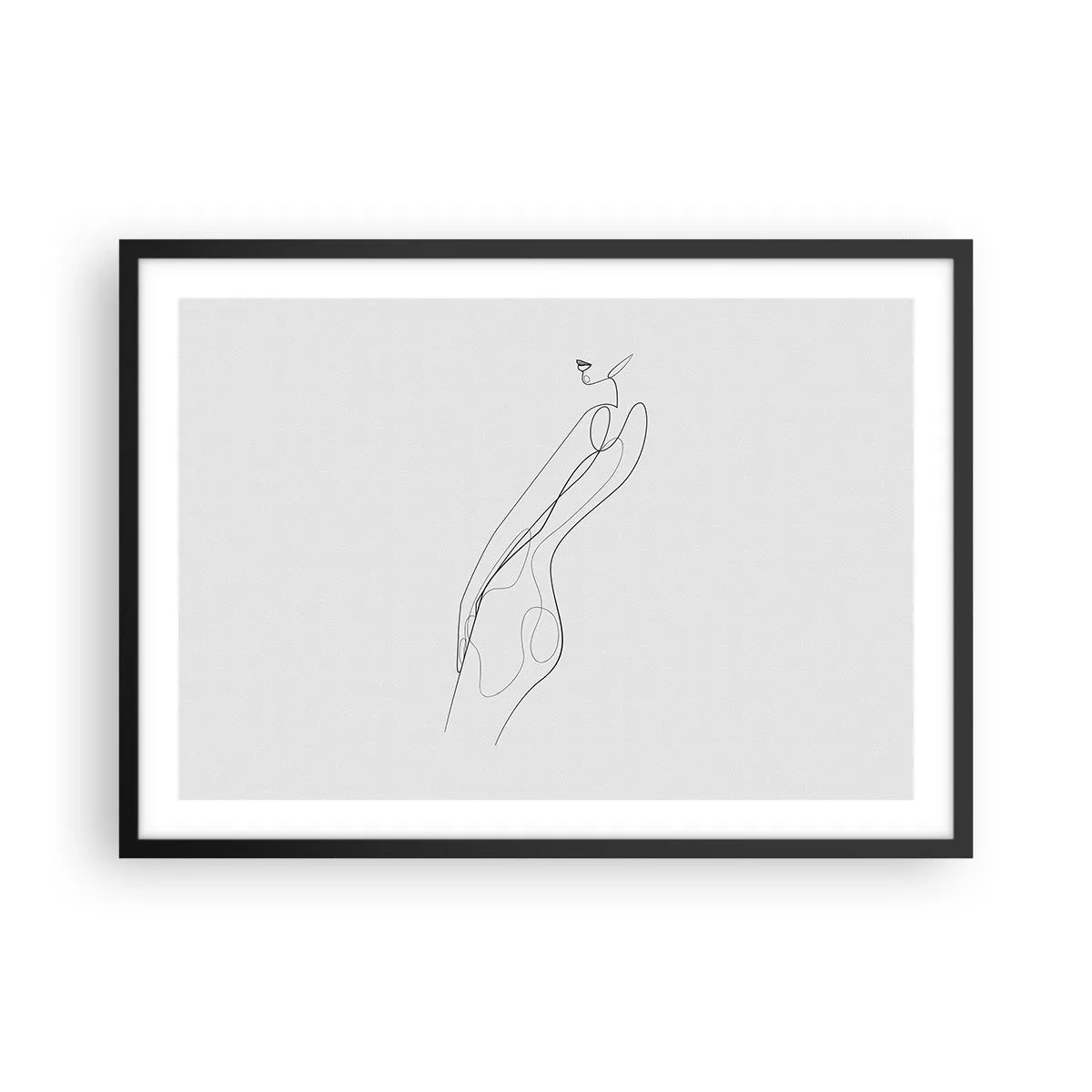 Poster in einem schwarzem Rahmen - Eine minimalistische Linie, die eine Silhouette vor einem hellen Hintergrund zeigt - 70x50cm - Bloß ein Versprechen - Moderne Wanddekoration für Wohnzimmer und Schlafzimmer ARTTOR