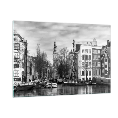 Glasbild - Bild auf glas - Schwarz-Weiß-Ansicht eines Kanals in Amsterdam - 120x80cm - Amsterdamer Atmosphäre - Moderne Wanddekoration für Wohnzimmer und Schlafzimmer ARTTOR