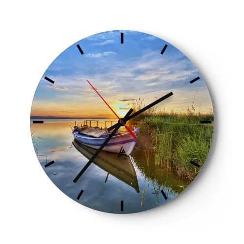 Wanduhr - Glasuhr - Ein Boot auf dem See bei Sonnenuntergang - 30x30cm - Bucht erfüllter Träume - Moderne Wanddekoration für Wohnzimmer, Küche und Schlafzimmer ARTTOR
