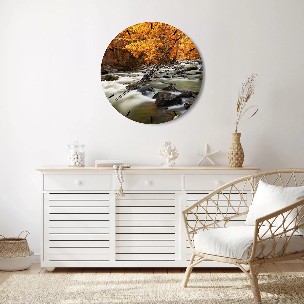 Wanduhr - Glasuhr - Herbstlandschaft mit Fluss und goldenen Blättern - 30x30cm - Ein Bach in einem goldenen Wald - Moderne Wanddekoration für Wohnzimmer, Küche und Schlafzimmer ARTTOR