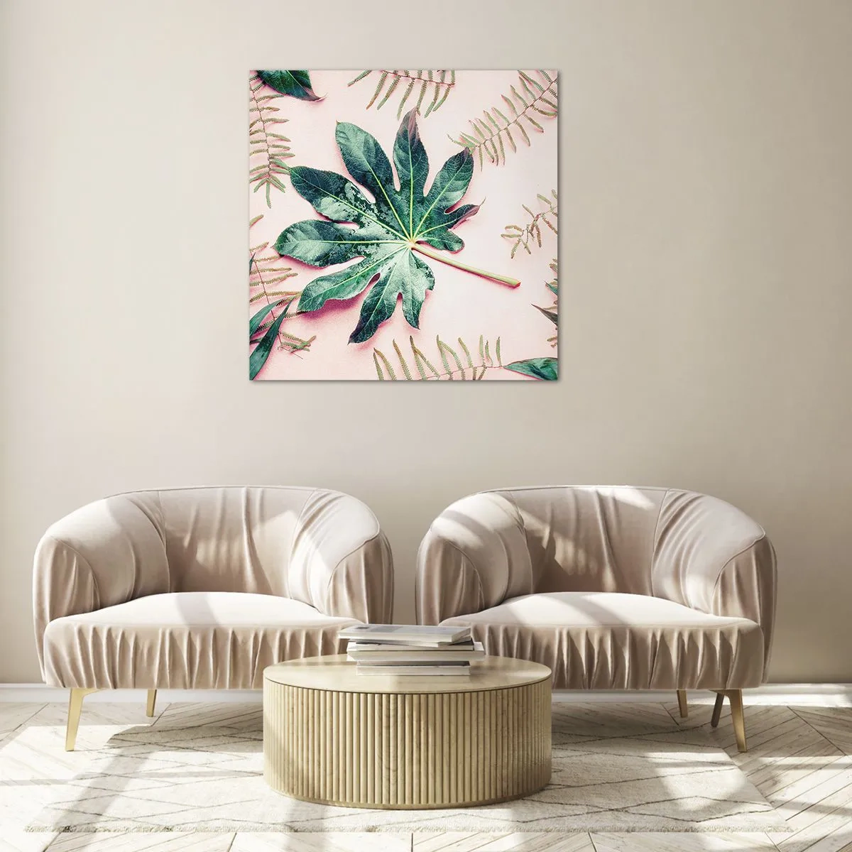 Glasbild - Bild auf glas - Eine Studie von Grün auf einem rosa Hintergrund - 30x30 cm
