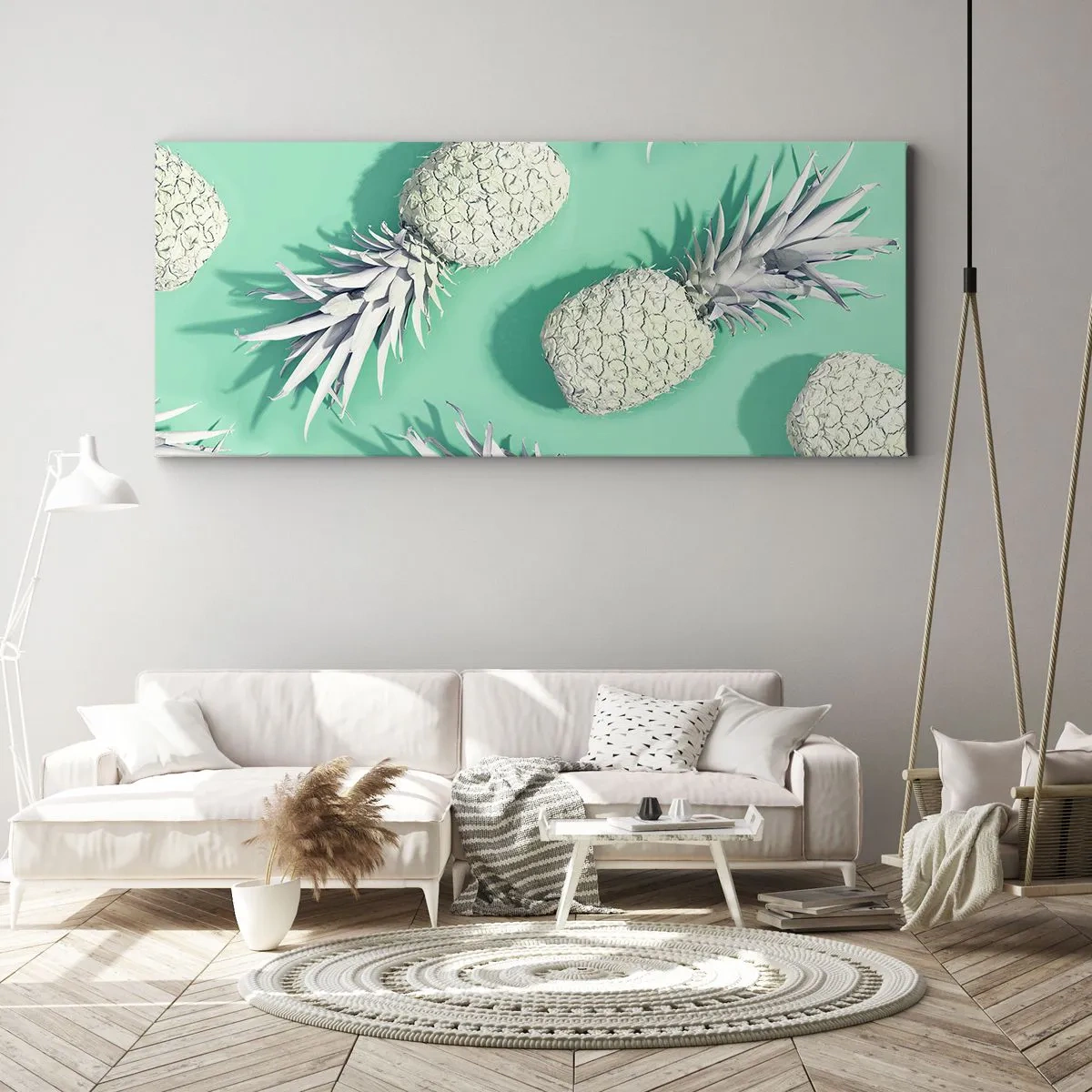 Bild auf Leinwand - Leinwandbild - Weiße Ananas auf pastellfarbenem Hintergrund im minimalistischen Stil - 160x50cm - Das passt gut zu Minze - Moderne Wanddekoration für Wohnzimmer und Schlafzimmer ARTTOR