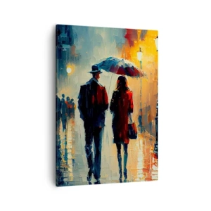 Bild auf Leinwand - Leinwandbild - Nachts im Regen unter einem Regenschirm in der Stadt spazieren gehen - 50x70cm - Urbane Liebesgeschichte - Moderne Wanddekoration für Wohnzimmer und Schlafzimmer ARTTOR
