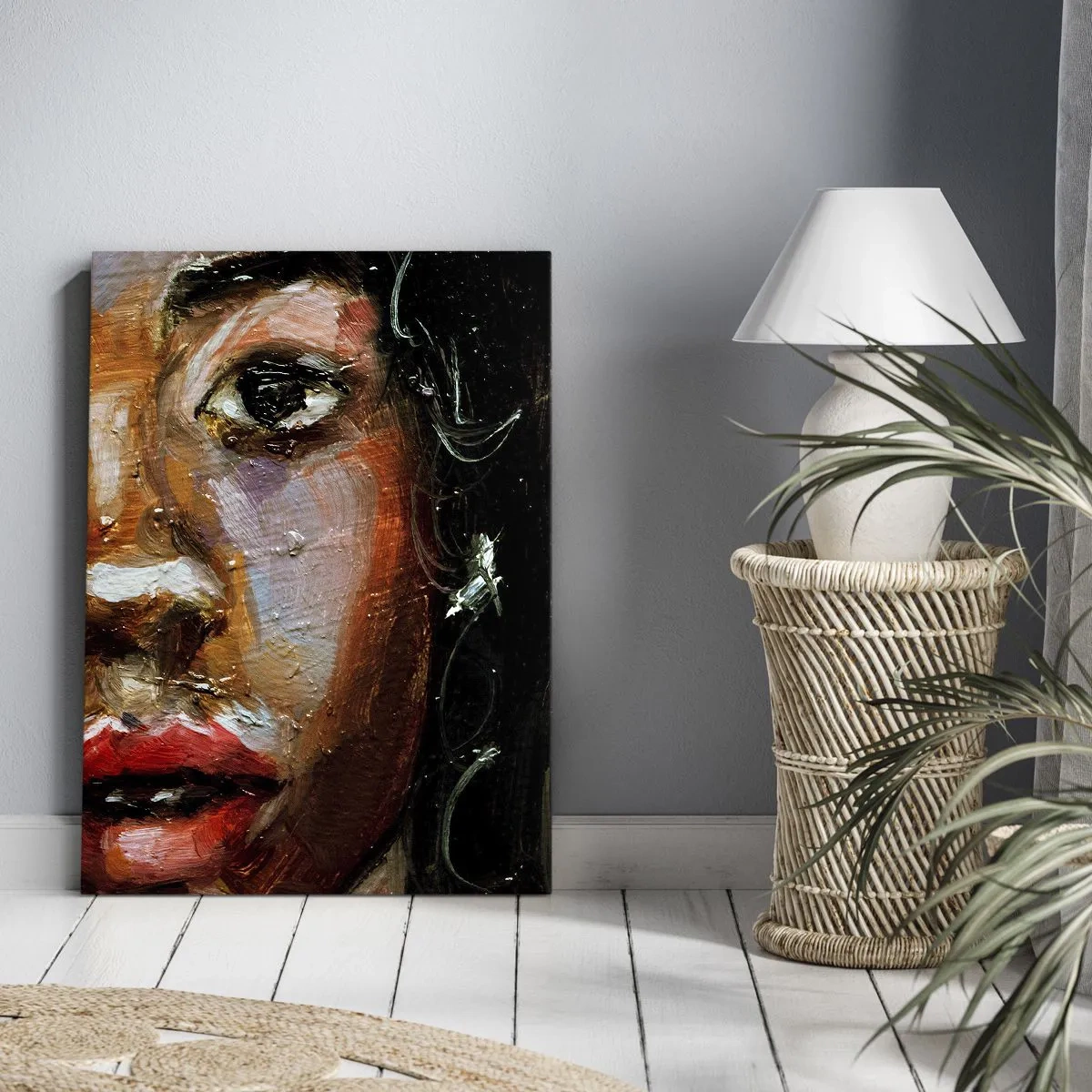 Bild auf Leinwand - Leinwandbild - Ein ausdrucksstarkes Frauenporträt in intensiven Farben. - 50x70cm - Schwarz und Glanz - Moderne Wanddekoration für Wohnzimmer und Schlafzimmer ARTTOR