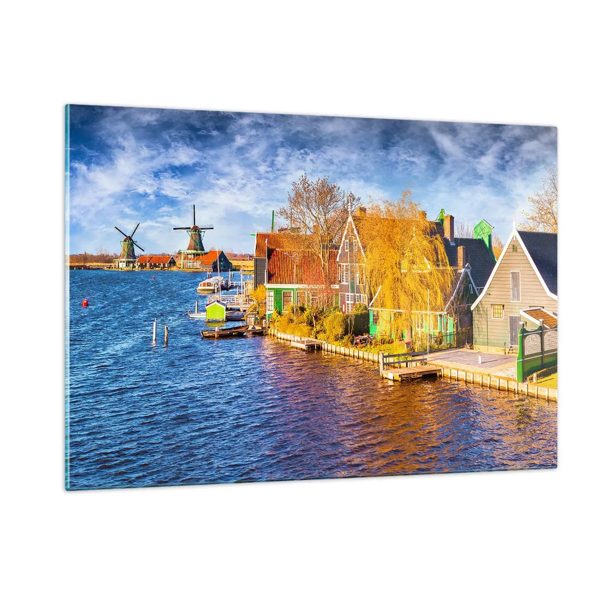 Glasbild - Bild auf glas - Malerische holländische Häuser am Wasser mit Windmühlen - 120x80cm - Seit Jahrhunderten keine Veränderung - Moderne Wanddekoration für Wohnzimmer und Schlafzimmer ARTTOR