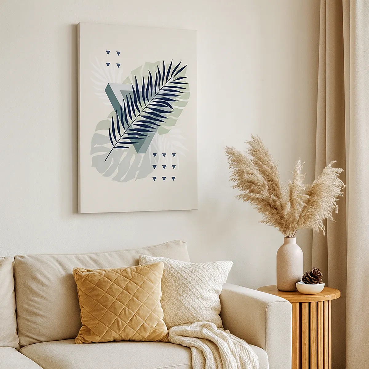 Bild auf Leinwand - Leinwandbild - Geometrische Komposition mit tropischen Blättern in Grüntönen - 50x70cm - Natur und Geometrie – zwei Ordnungen? - Moderne Wanddekoration für Wohnzimmer und Schlafzimmer ARTTOR