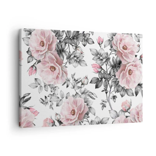 Bild auf Leinwand - Leinwandbild - Rosa Rosen und Blätter auf einem zarten schwarz-weißen Hintergrund - 70x50cm - Verliere dich in den Blüten der Rosen - Moderne Wanddekoration für Wohnzimmer und Schlafzimmer ARTTOR