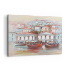 Bild auf Leinwand - Leinwandbild - Bunte Boote und malerische Gebäude am Wasser in Pastelltönen - 100x70cm - Glückliche Stadt - Moderne Wanddekoration für Wohnzimmer und Schlafzimmer ARTTOR