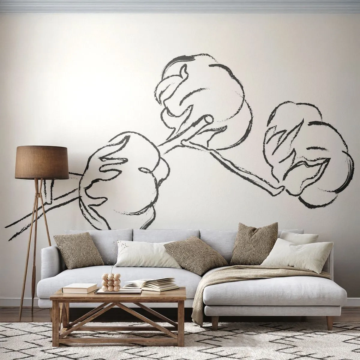 Fototapete Premium Sand - Eine Zeichnung eines Baumwollzweigs in schwarzen Linien auf weißem Hintergrund - 100x70cm - Baumwolldaunen - Moderne Wanddekoration für Wohnzimmer und Schlafzimmer ARTTOR
