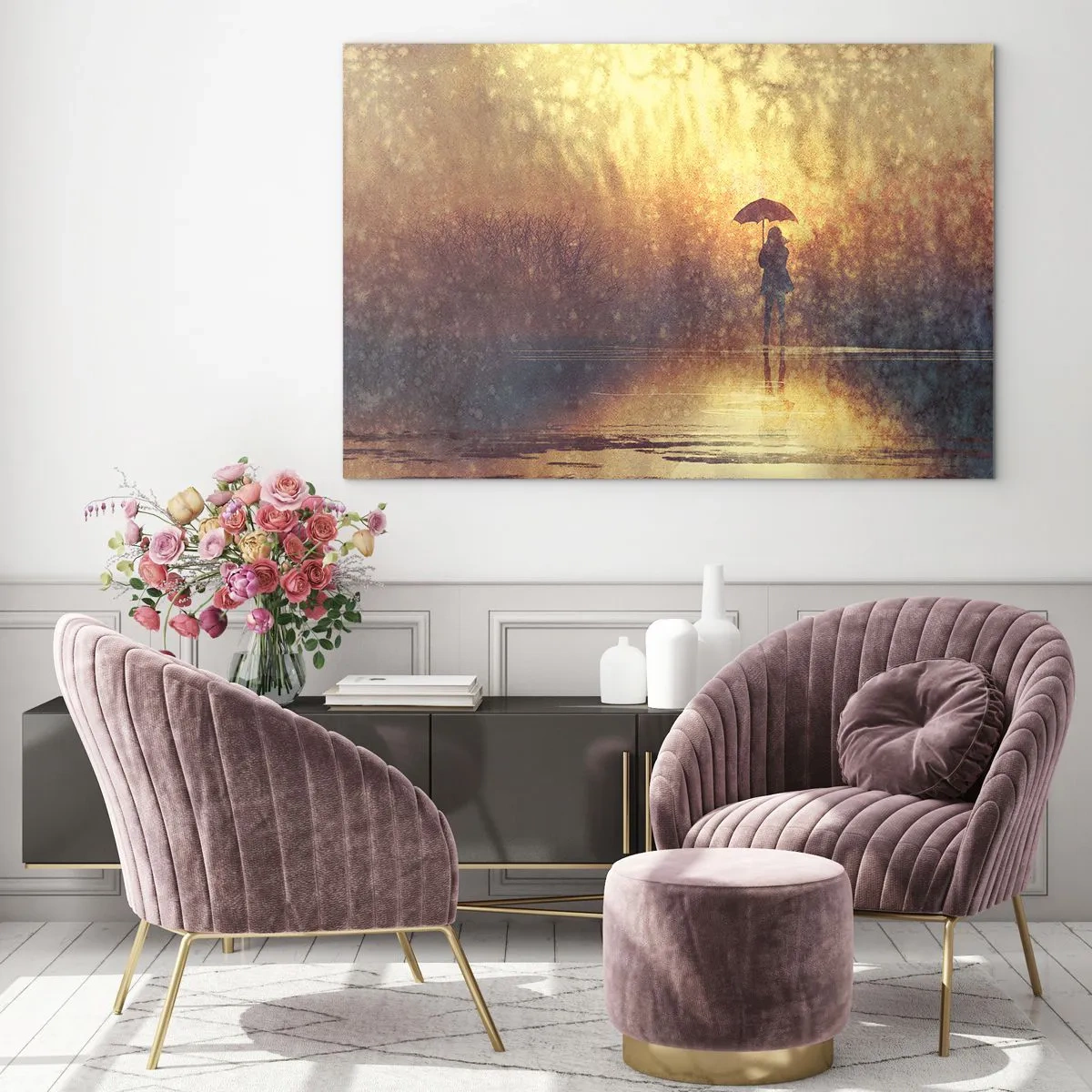 Glasbild - Bild auf glas - Eine Figur mit Regenschirm im Licht der untergehenden Sonne und des Regens - 100x70cm - Ich habe das Gefühl, dass mich jemand ansieht - Moderne Wanddekoration für Wohnzimmer und Schlafzimmer ARTTOR