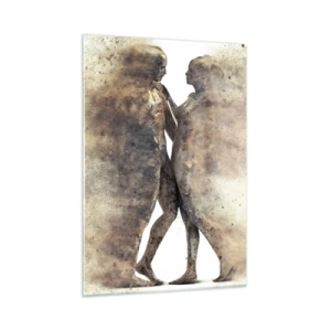 Glasbild - Bild auf glas - Abstrakte Silhouetten zweier Figuren im staubigen Stil - 50x70cm - Sie erhoben sich aus dem Staub, um zu lieben - Moderne Wanddekoration für Wohnzimmer und Schlafzimmer ARTTOR
