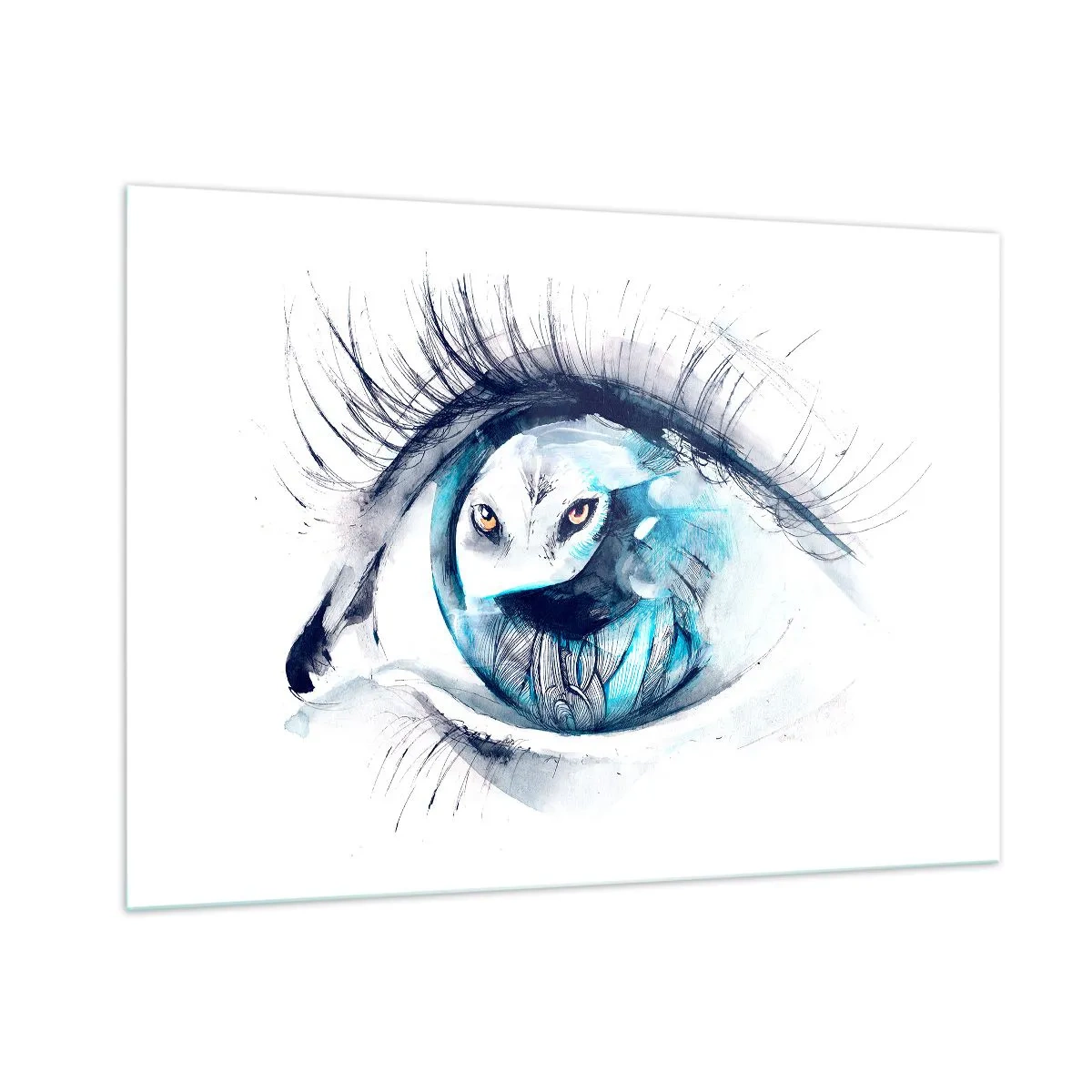 Glasbild - Bild auf glas - Ein Frauenauge mit Eulenmotiv im Aquarellstil - 100x70cm - Auge in Auge mit Wildheit - Moderne Wanddekoration für Wohnzimmer und Schlafzimmer ARTTOR
