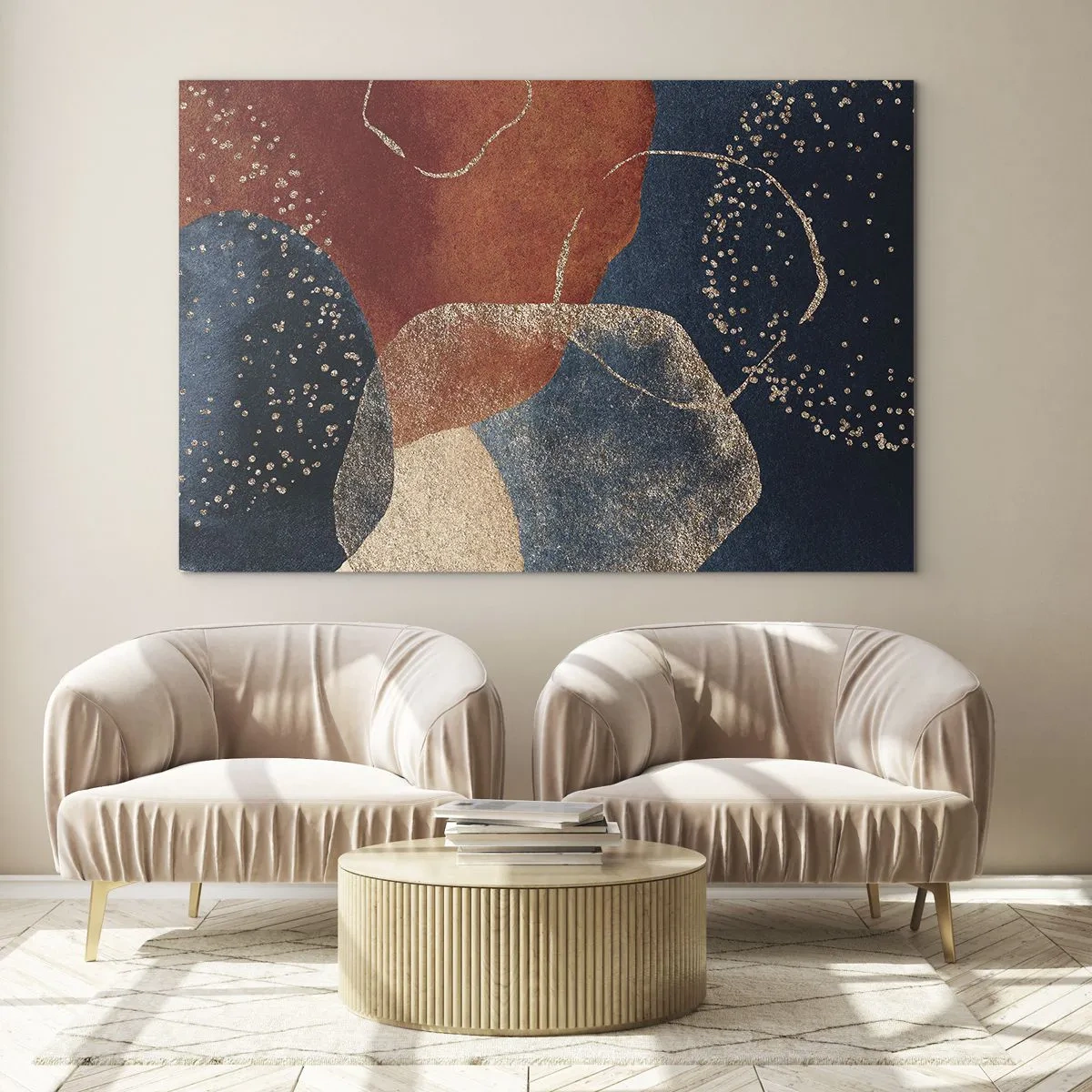 Glasbild - Bild auf glas - Abstrakte Formen in Marineblau- und Kupfertönen - 120x80cm - Die Leichtigkeit des Seins - Moderne Wanddekoration für Wohnzimmer und Schlafzimmer ARTTOR