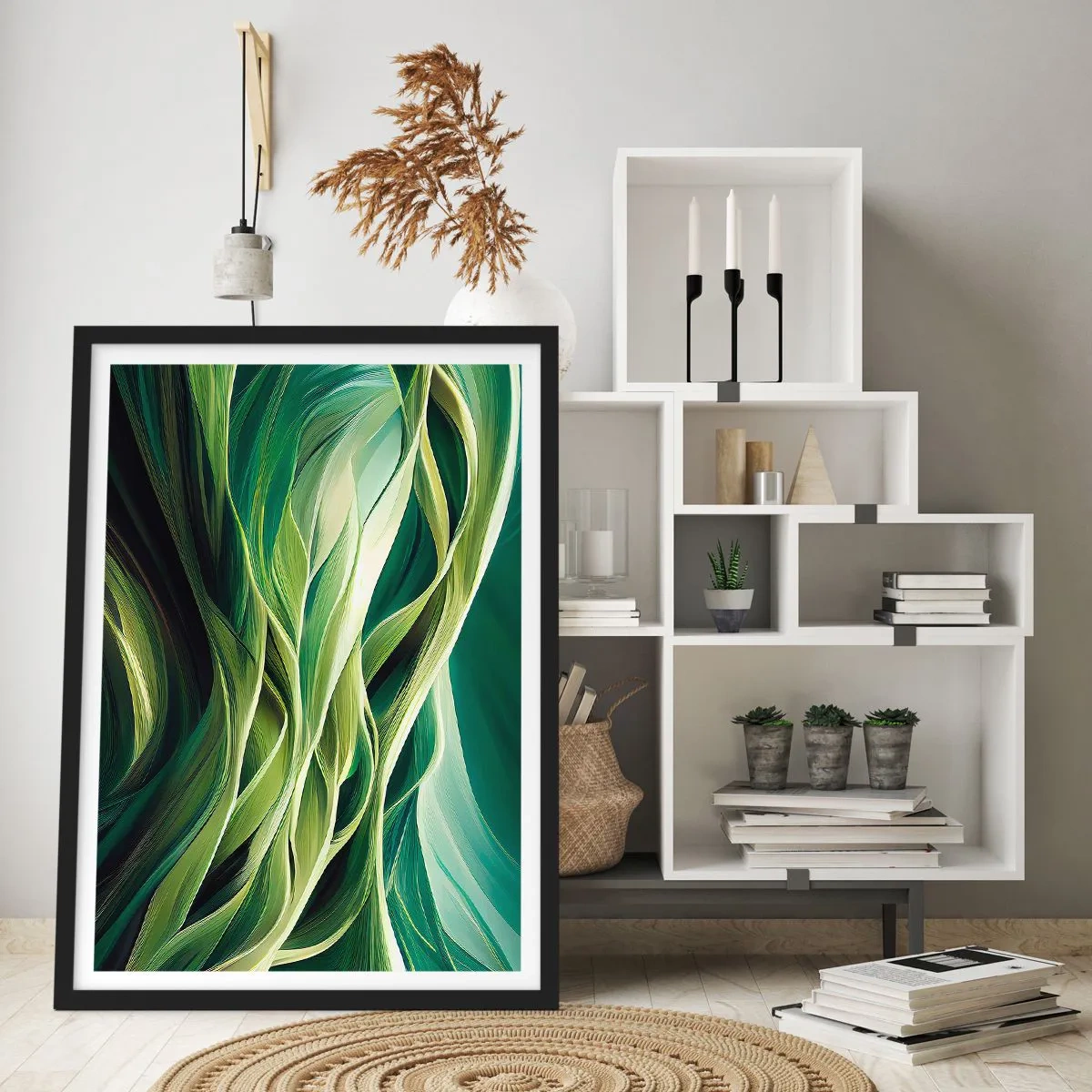 Poster in einem schwarzem Rahmen - Eine abstrakte Komposition aus organischen, grünen Formen. - 50x70cm - Abstraktes grünes Spiel - Moderne Wanddekoration für Wohnzimmer und Schlafzimmer ARTTOR