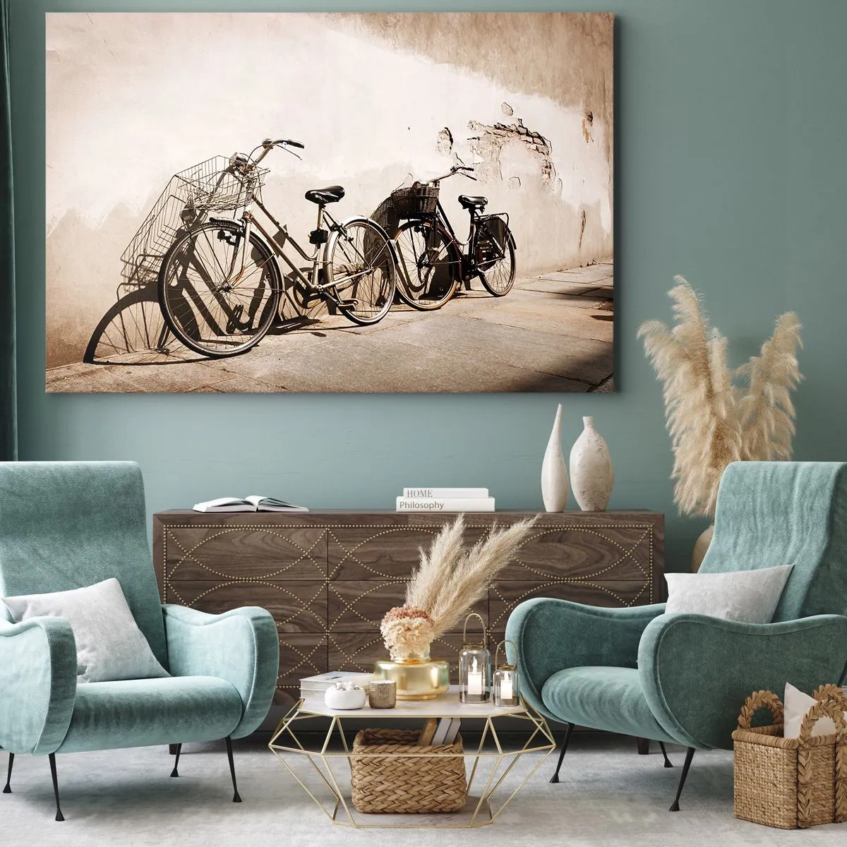 Bild auf Leinwand - Leinwandbild - Zwei Fahrräder lehnen an einer alten Wand im Retro-Stil - 70x50cm - Der unvergessliche Charme der Vergangenheit - Moderne Wanddekoration für Wohnzimmer und Schlafzimmer ARTTOR