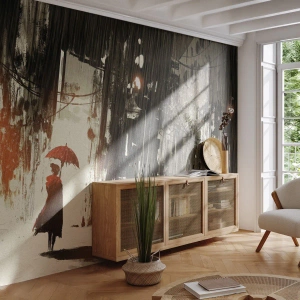 Selbstklebende Fototapete Deluxe Sticker - Die Poesie des roten Regenschirms - Stadt, Frau, Die Architektur - 350x256 cm