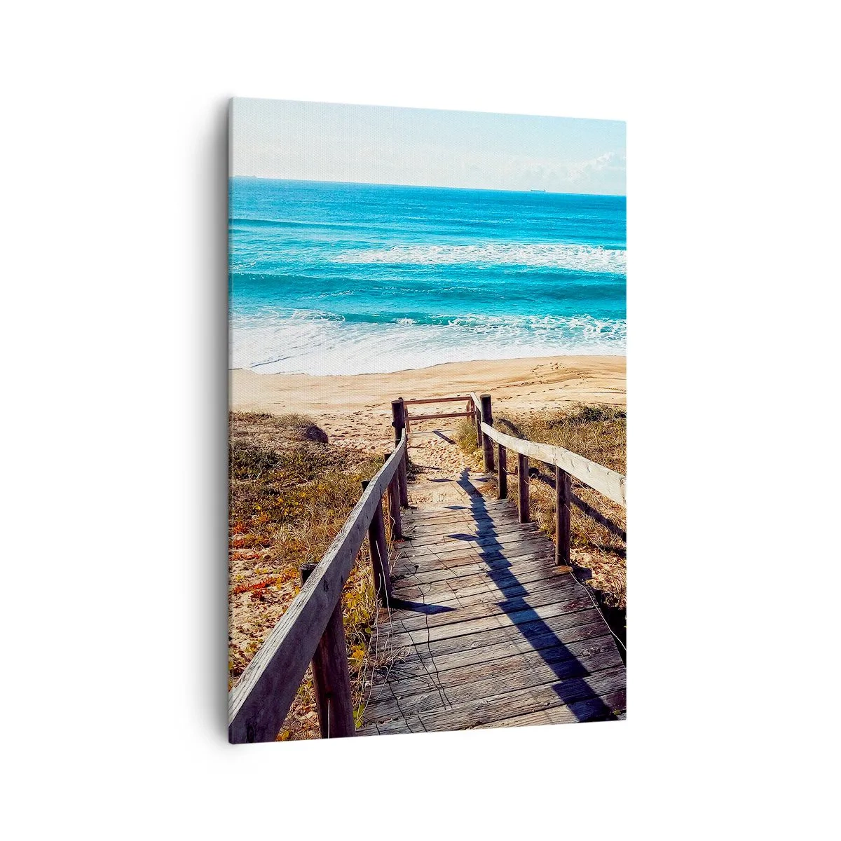 Bild auf Leinwand - Leinwandbild - Holzweg zum Strand - 70x100cm - Lauf! - Moderne Wanddekoration für Wohnzimmer und Schlafzimmer ARTTOR