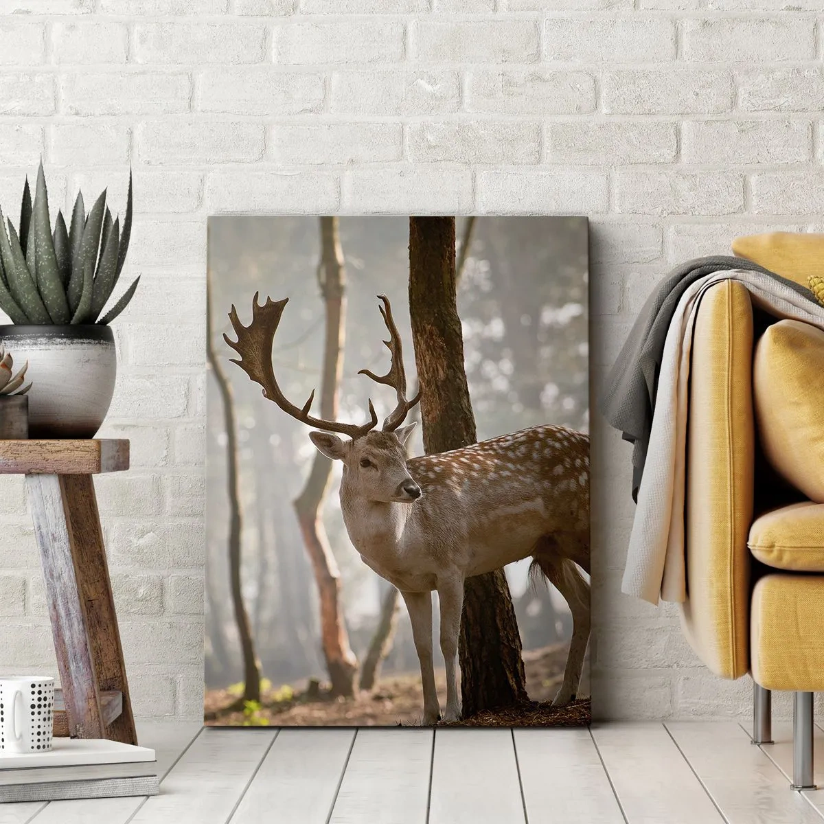 Bild auf Leinwand - Leinwandbild - Hirsche im Wald im Morgennebel - 50x70cm - Das Licht der Jugend - Moderne Wanddekoration für Wohnzimmer und Schlafzimmer ARTTOR
