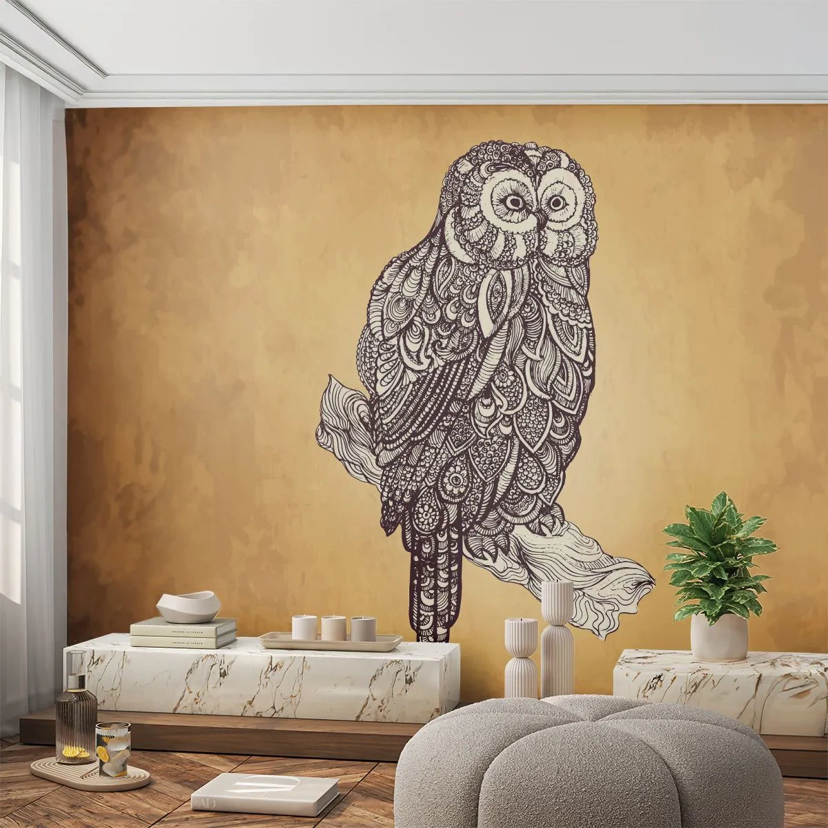 Fototapete Standard Eco - Kunstvolle Ornamente der Weisheit - Eule, Vogel, Tier - 450x315 cm
